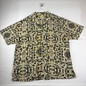 Silver Silk Mens 3X Abstract Geometric Camp Shirt Olive Green Black Button Up